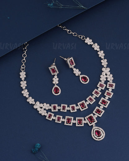 Rhodium Polish Two-Layer Floral AD Necklace 1488