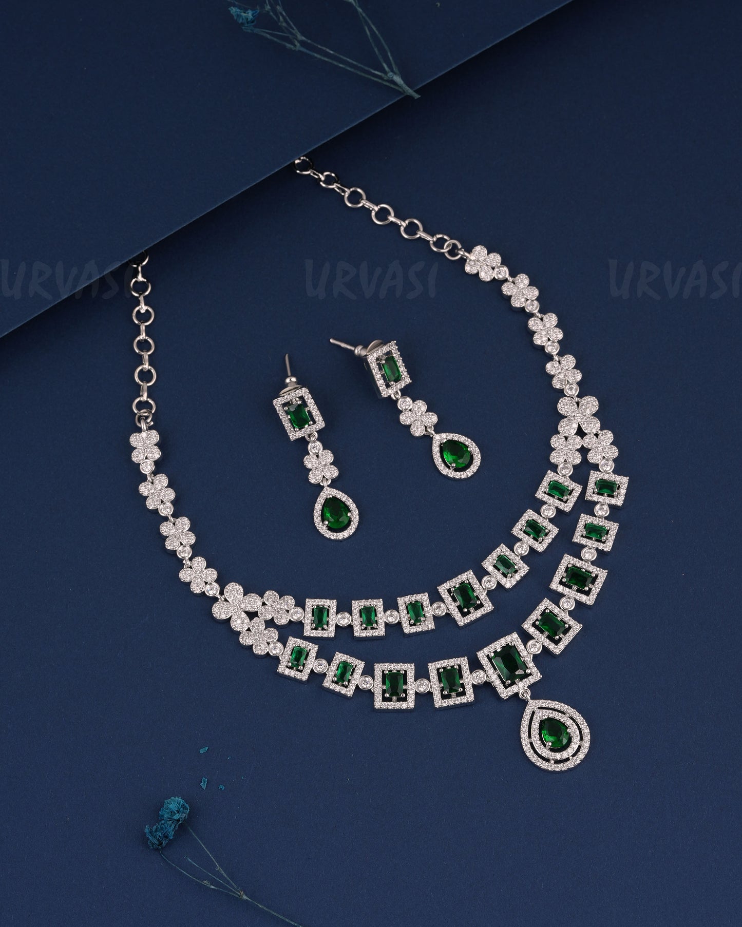 Rhodium Polish Two-Layer Floral AD Necklace 1488