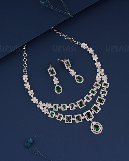 Rhodium Polish Two-Layer Floral AD Necklace 1488