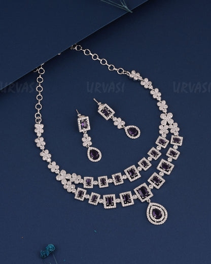 Rhodium Polish Two-Layer Floral AD Necklace 1488