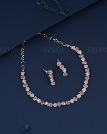 Rhodium Polish Floral Stone-Studded AD Necklace 1487