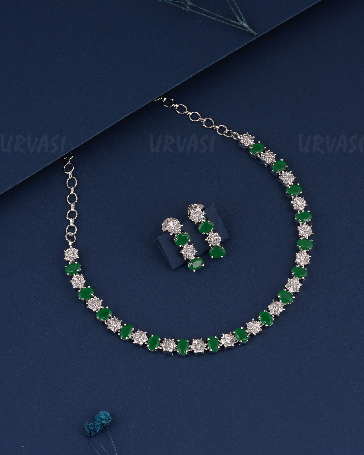 Rhodium Polish Floral Stone-Studded AD Necklace 1487