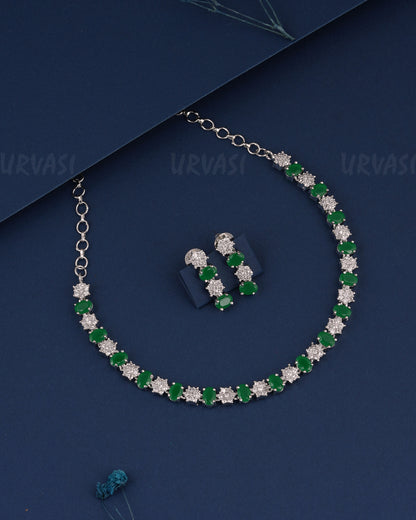 Rhodium Polish Floral Stone-Studded AD Necklace 1487