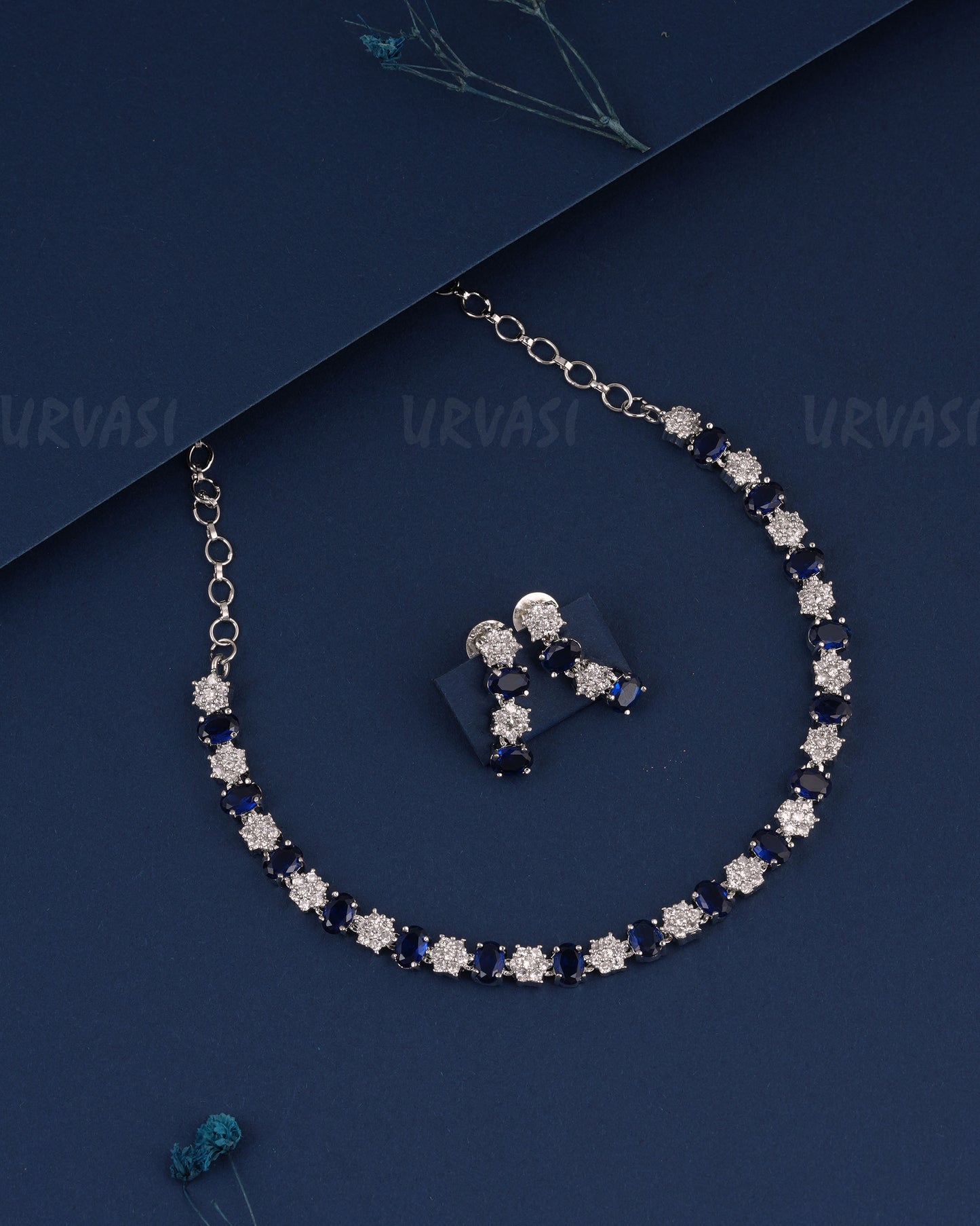 Rhodium Polish Floral Stone-Studded AD Necklace 1487