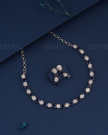 Rhodium Polish Floral Stone-Studded AD Necklace 1487
