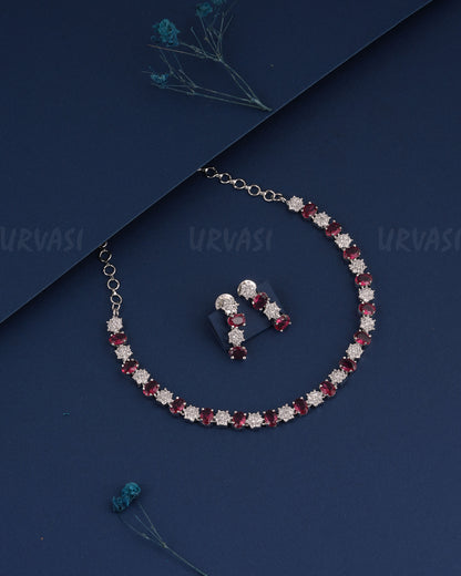 Rhodium Polish Floral Stone-Studded AD Necklace 1487