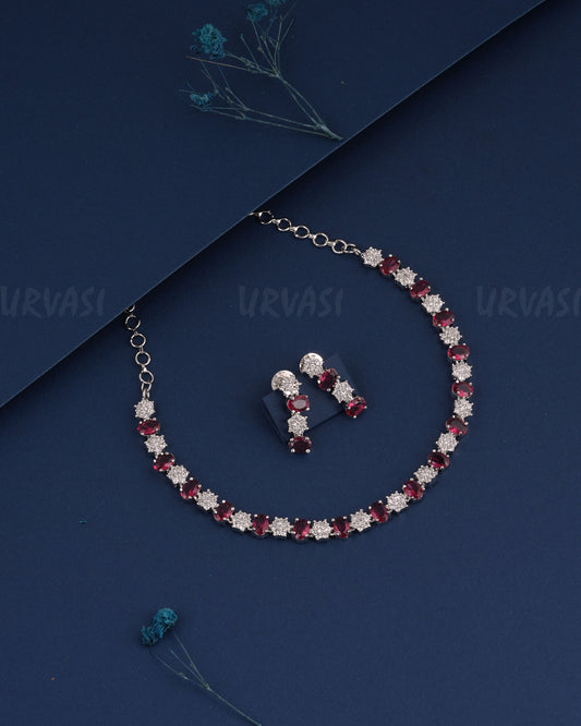 Rhodium Polish Floral Stone-Studded AD Necklace 1487
