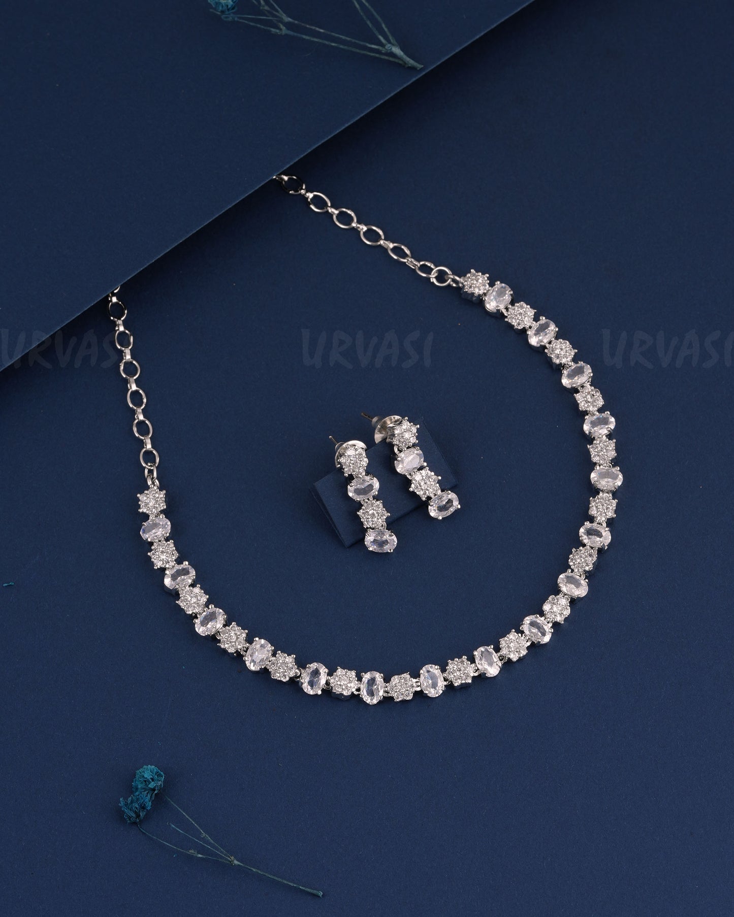 Rhodium Polish Floral Stone-Studded AD Necklace 1487