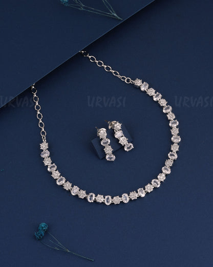 Rhodium Polish Floral Stone-Studded AD Necklace 1487