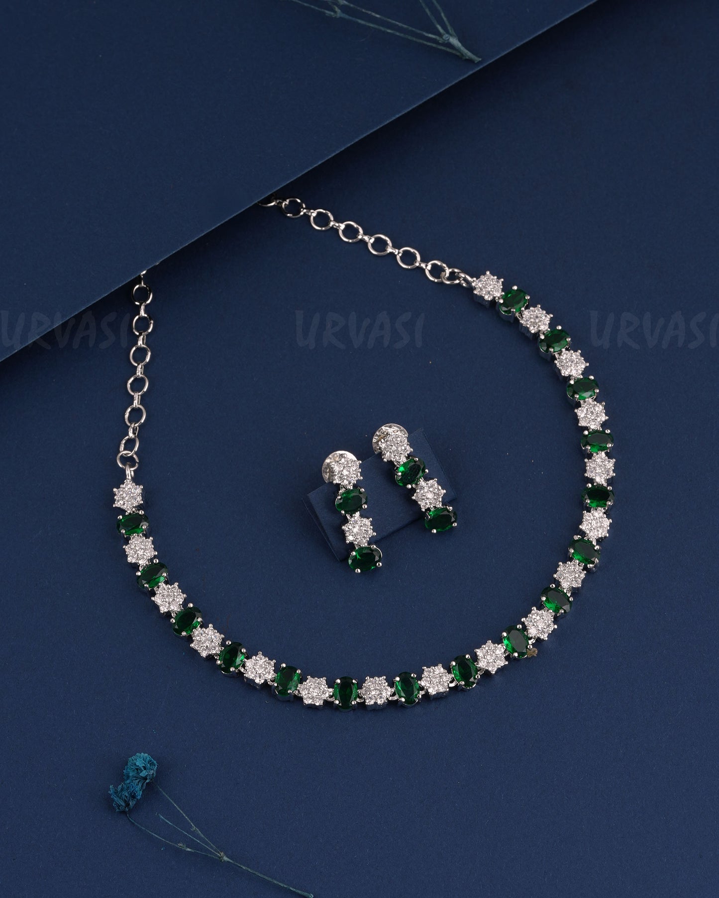 Rhodium Polish Floral Stone-Studded AD Necklace 1487
