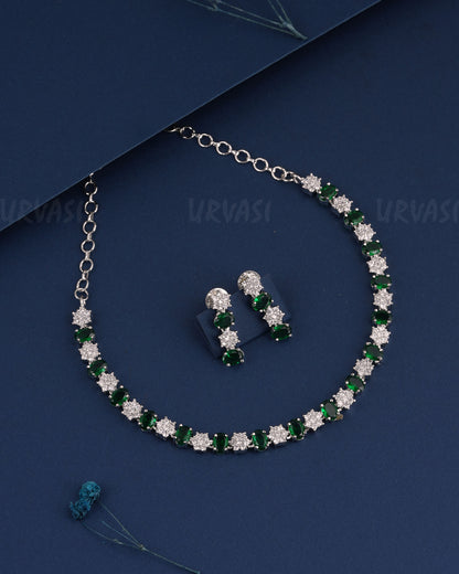 Rhodium Polish Floral Stone-Studded AD Necklace 1487