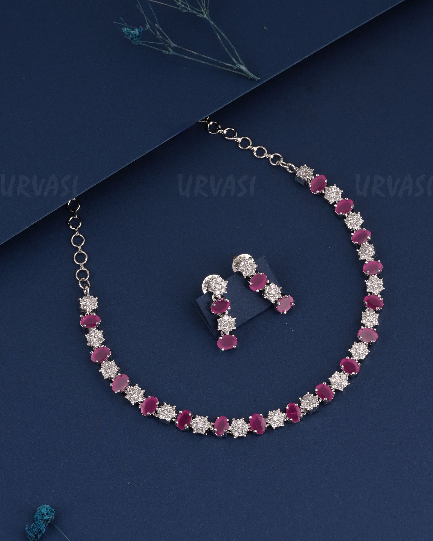 Rhodium Polish Floral Stone-Studded AD Necklace 1487