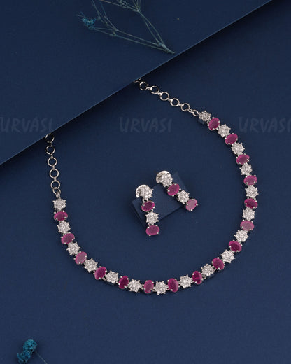 Rhodium Polish Floral Stone-Studded AD Necklace 1487