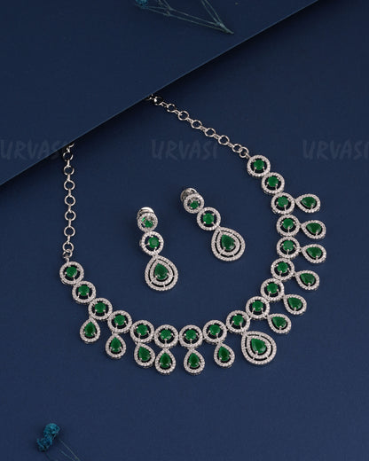 Rhodium Polish Tear-Drop Designed Hanging AD Necklace 1486