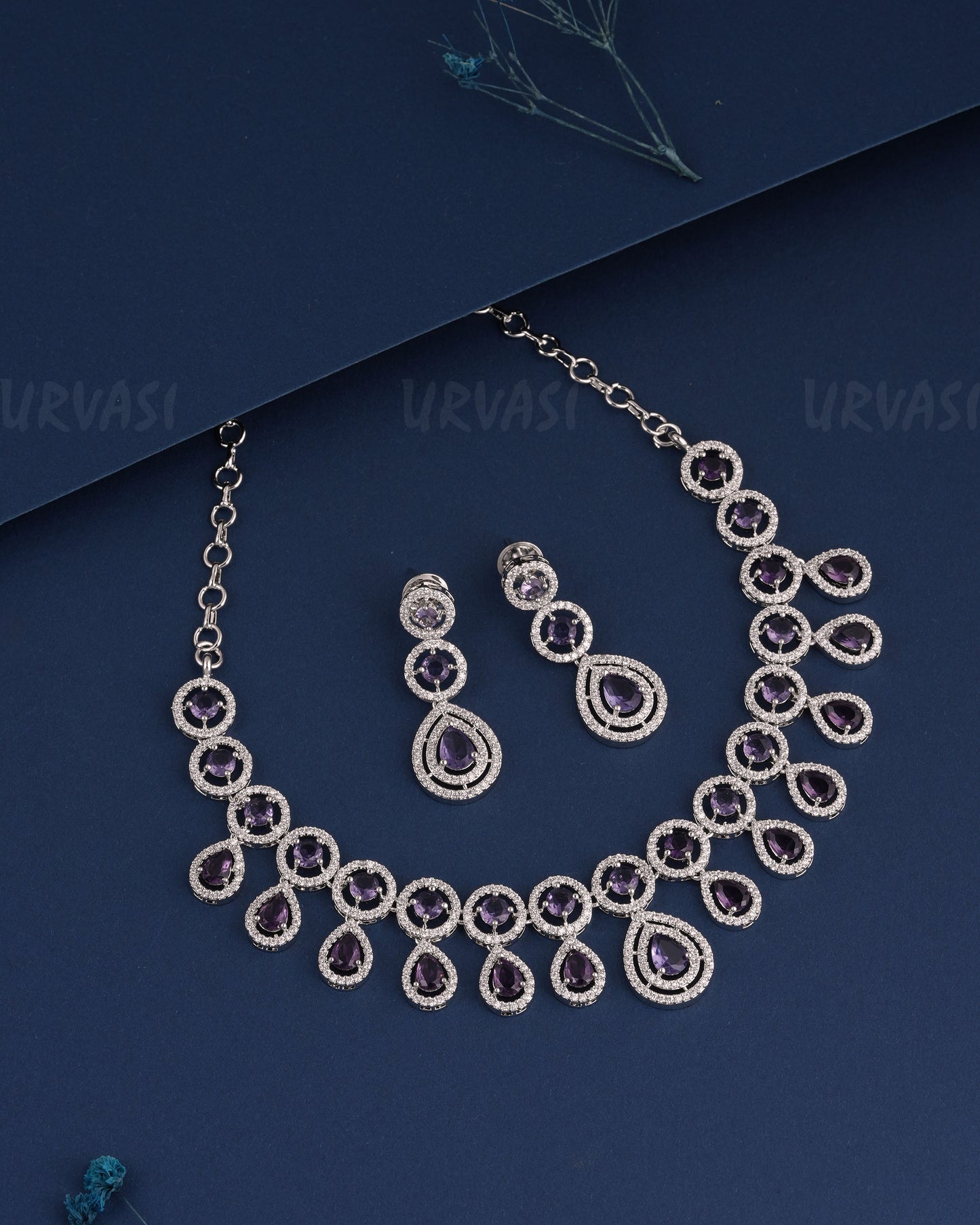 Rhodium Polish Tear-Drop Designed Hanging AD Necklace 1486