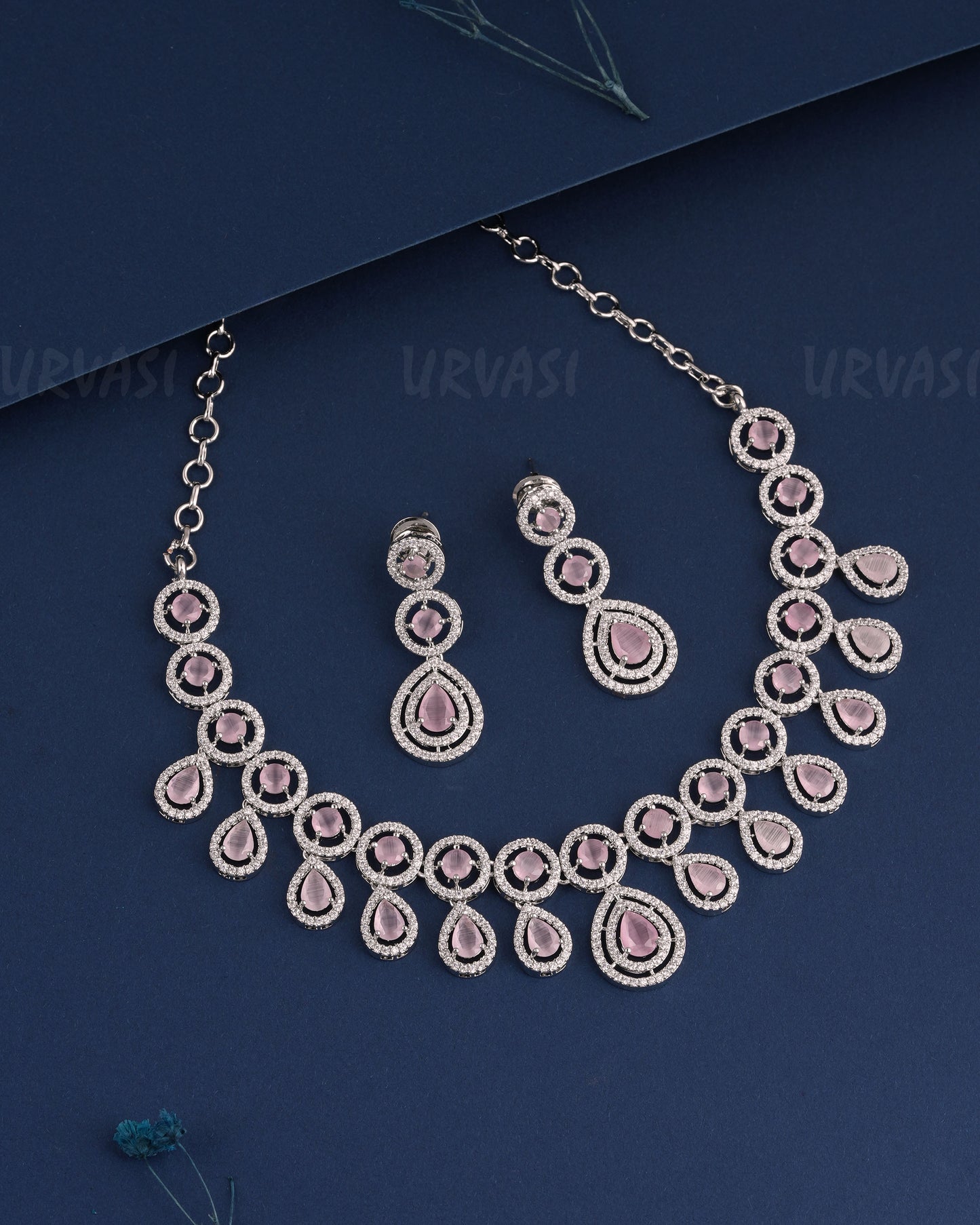 Rhodium Polish Tear-Drop Designed Hanging AD Necklace 1486