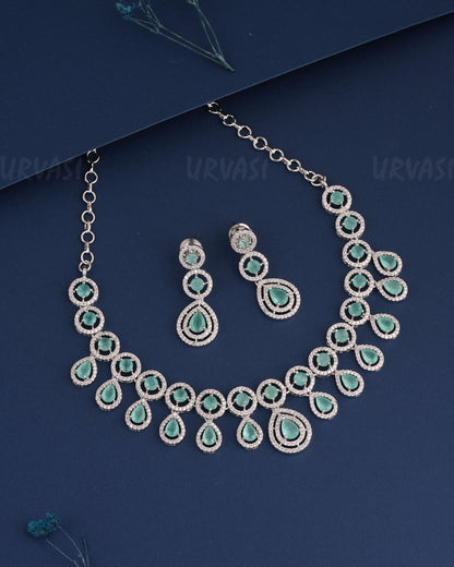 Rhodium Polish Tear-Drop Designed Hanging AD Necklace 1486