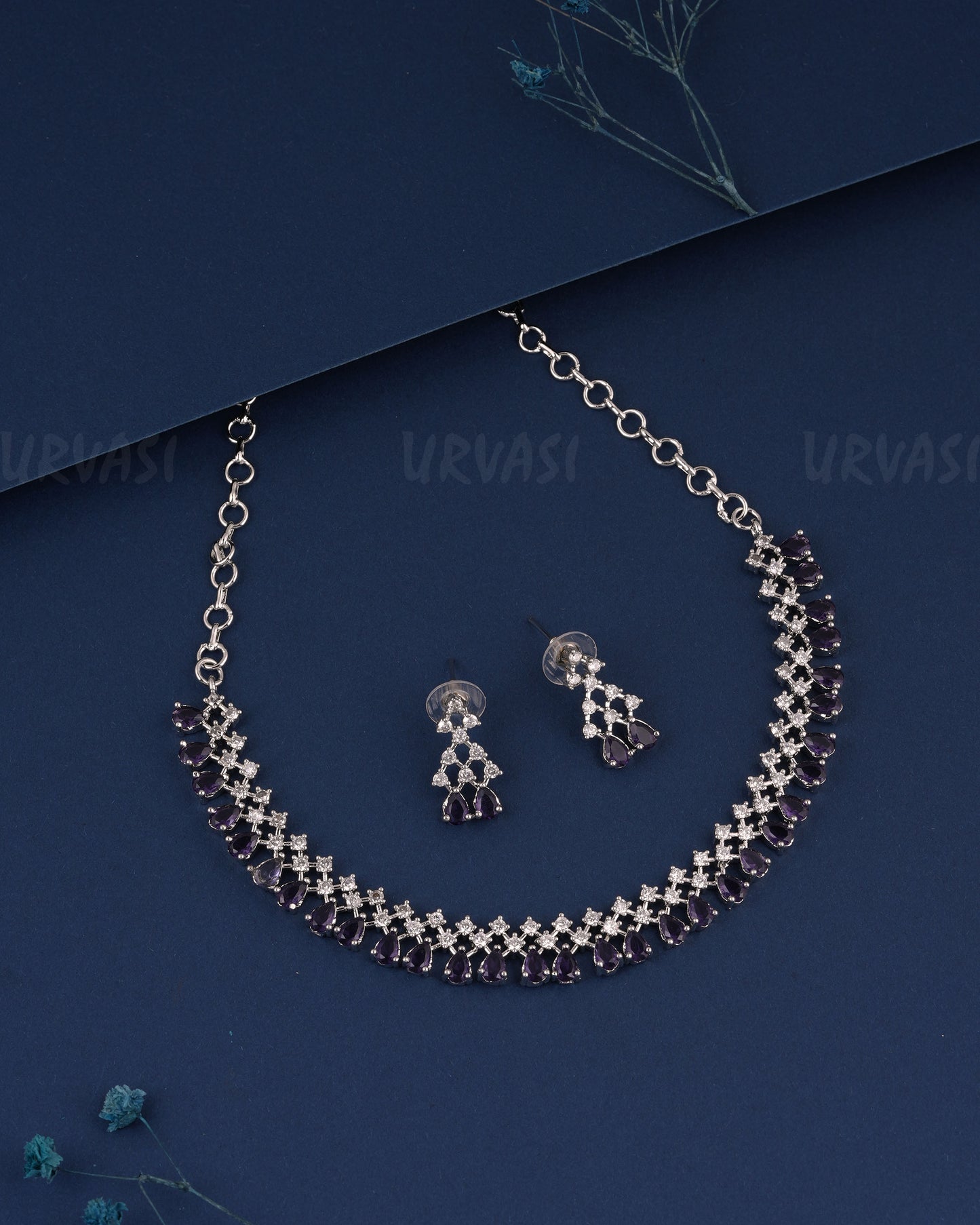 Rhodium Polish Tear-Drop Designed AD Necklace 1510