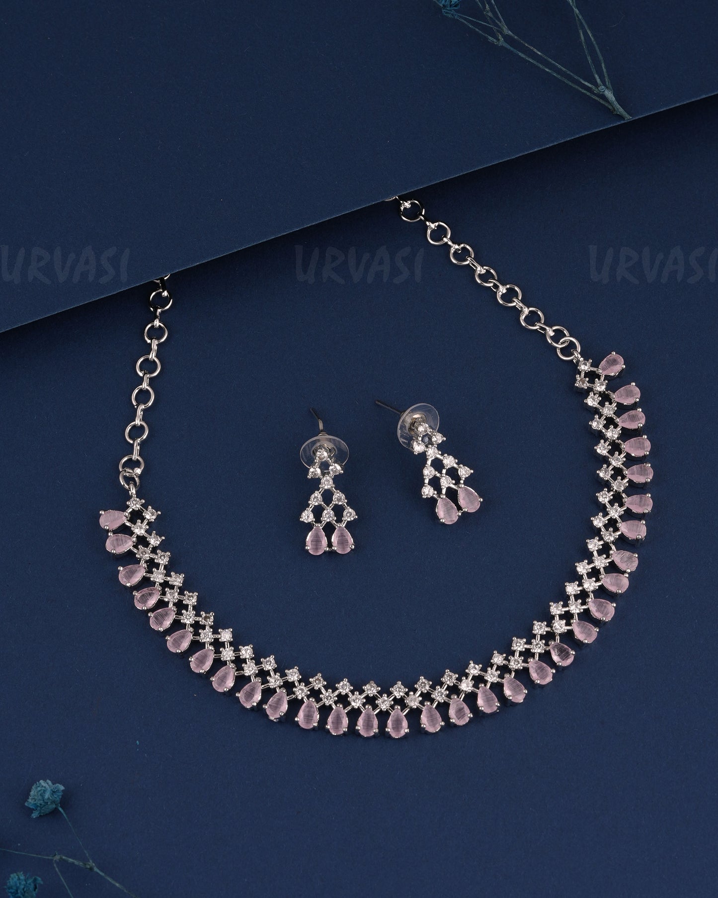 Rhodium Polish Tear-Drop Designed AD Necklace 1510