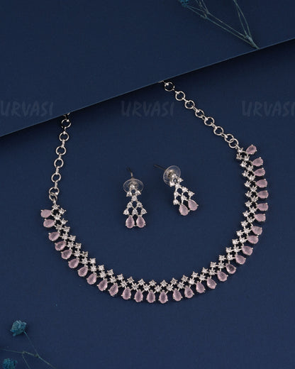 Rhodium Polish Tear-Drop Designed AD Necklace 1510