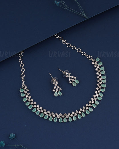 Rhodium Polish Tear-Drop Designed AD Necklace 1510