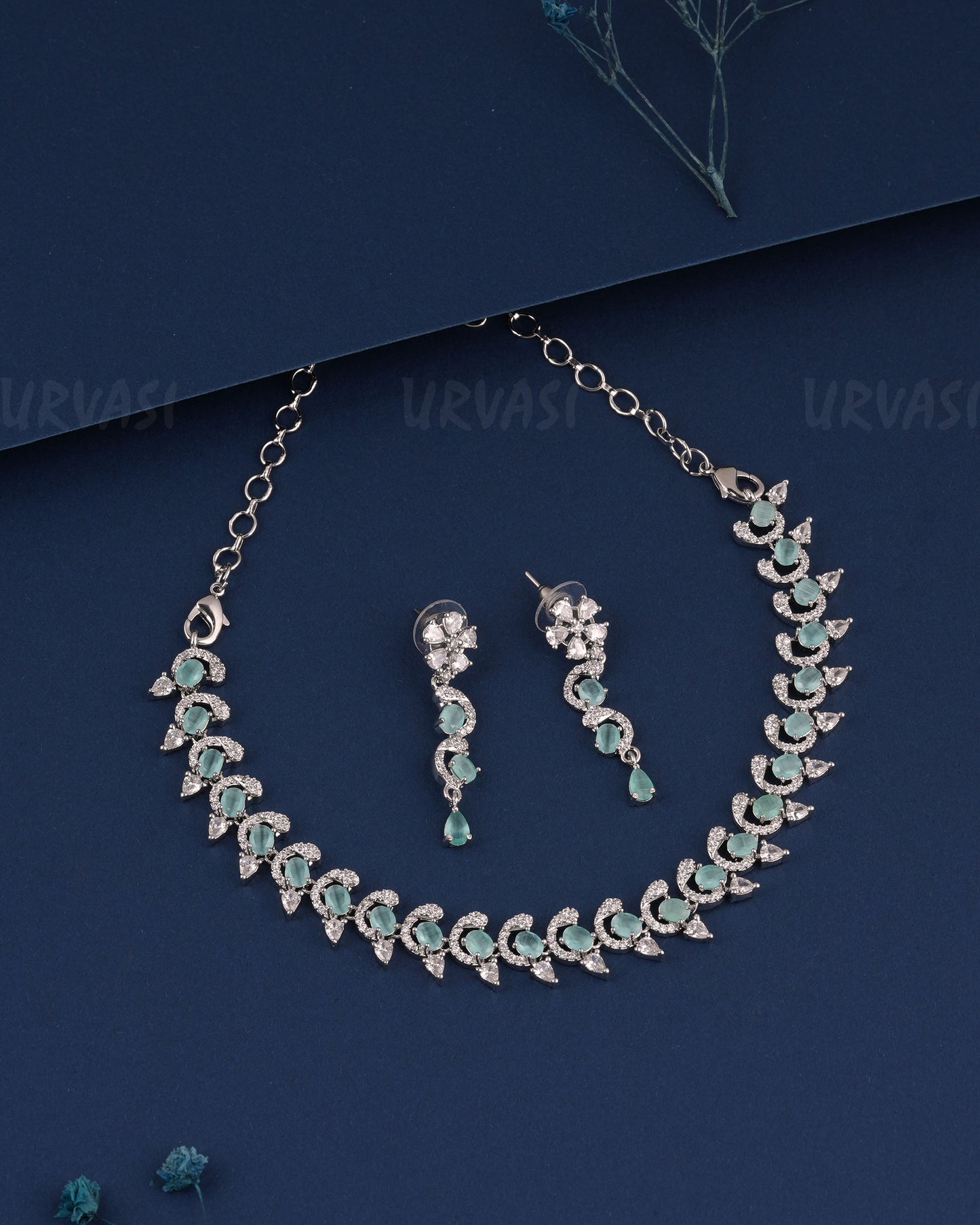 Rhodium Polish Stone-Studded AD Necklace  1501