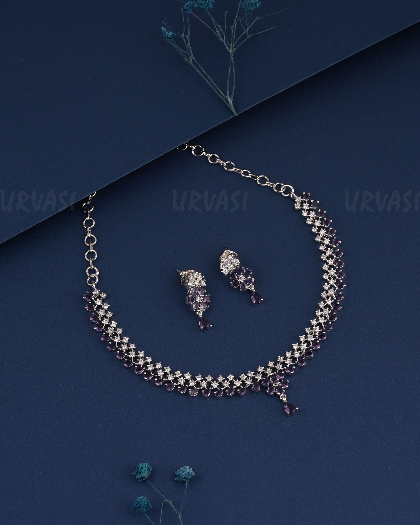 Rhodium Polish Stone-Studded AD Necklace 1503