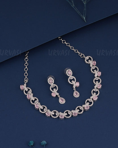Rhodium Polish  Stone-Studded AD Necklace 1497