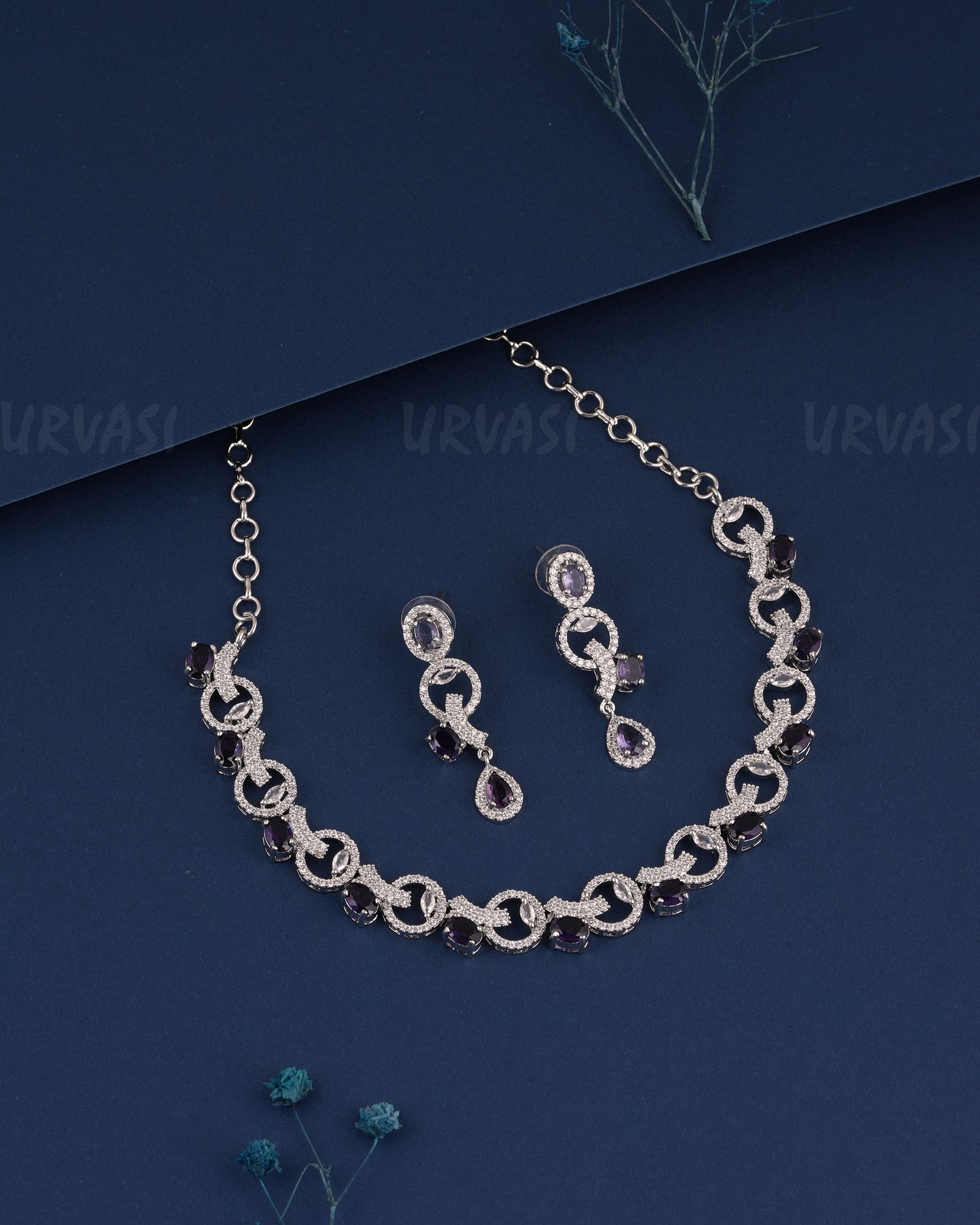 Rhodium Polish  Stone-Studded AD Necklace 1497