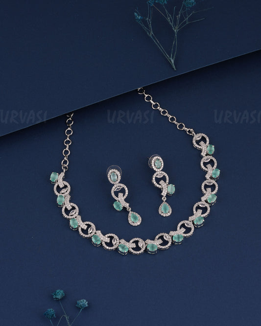 Rhodium Polish  Stone-Studded AD Necklace 1497