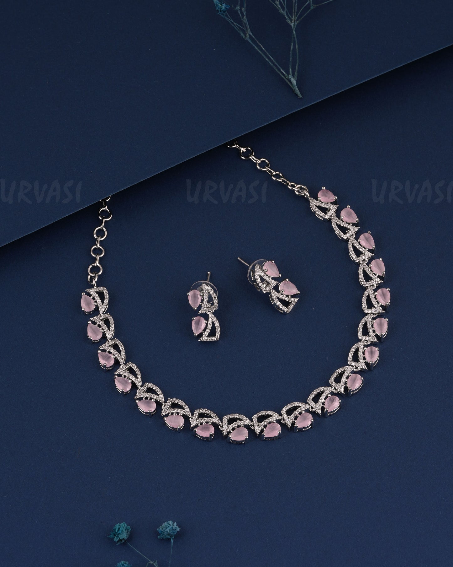 Rhodium Polish Tear-Drop Designed AD Necklace  1496