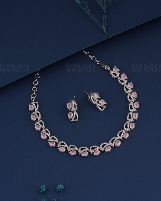 Rhodium Polish Tear-Drop Designed AD Necklace  1496