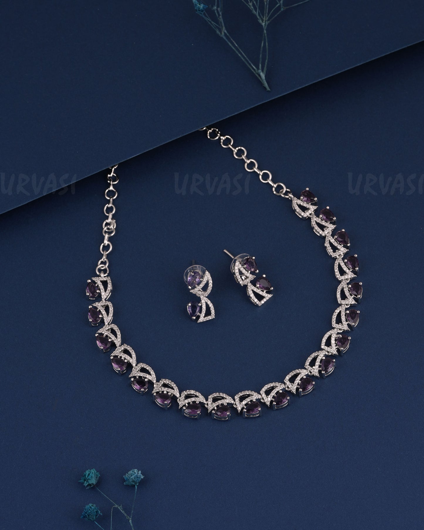 Rhodium Polish Tear-Drop Designed AD Necklace  1496