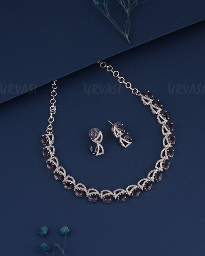 Rhodium Polish Tear-Drop Designed AD Necklace  1496