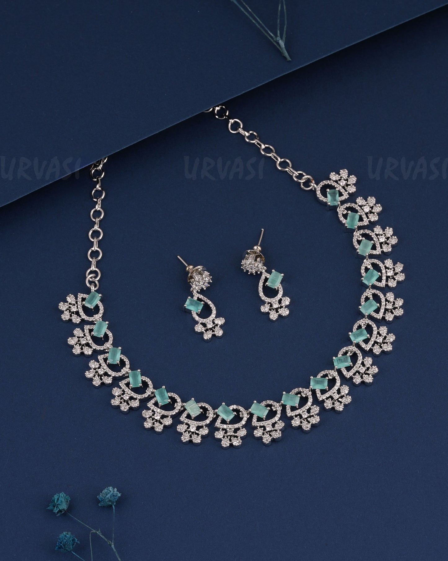 Rhodium PolishFloral Stone-Studded AD Necklace 1511