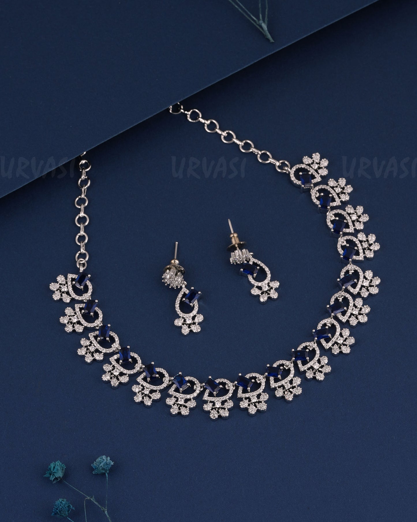 Rhodium PolishFloral Stone-Studded AD Necklace 1511