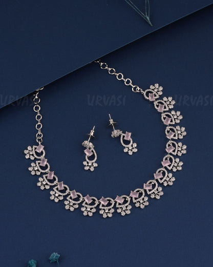Rhodium PolishFloral Stone-Studded AD Necklace 1511
