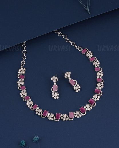 Rhodium Polish Floral AD Stone-Studded Necklace 1522