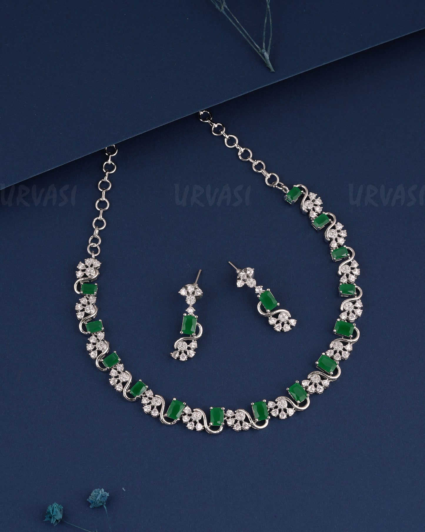 Rhodium Polish Floral AD Stone-Studded Necklace 1522