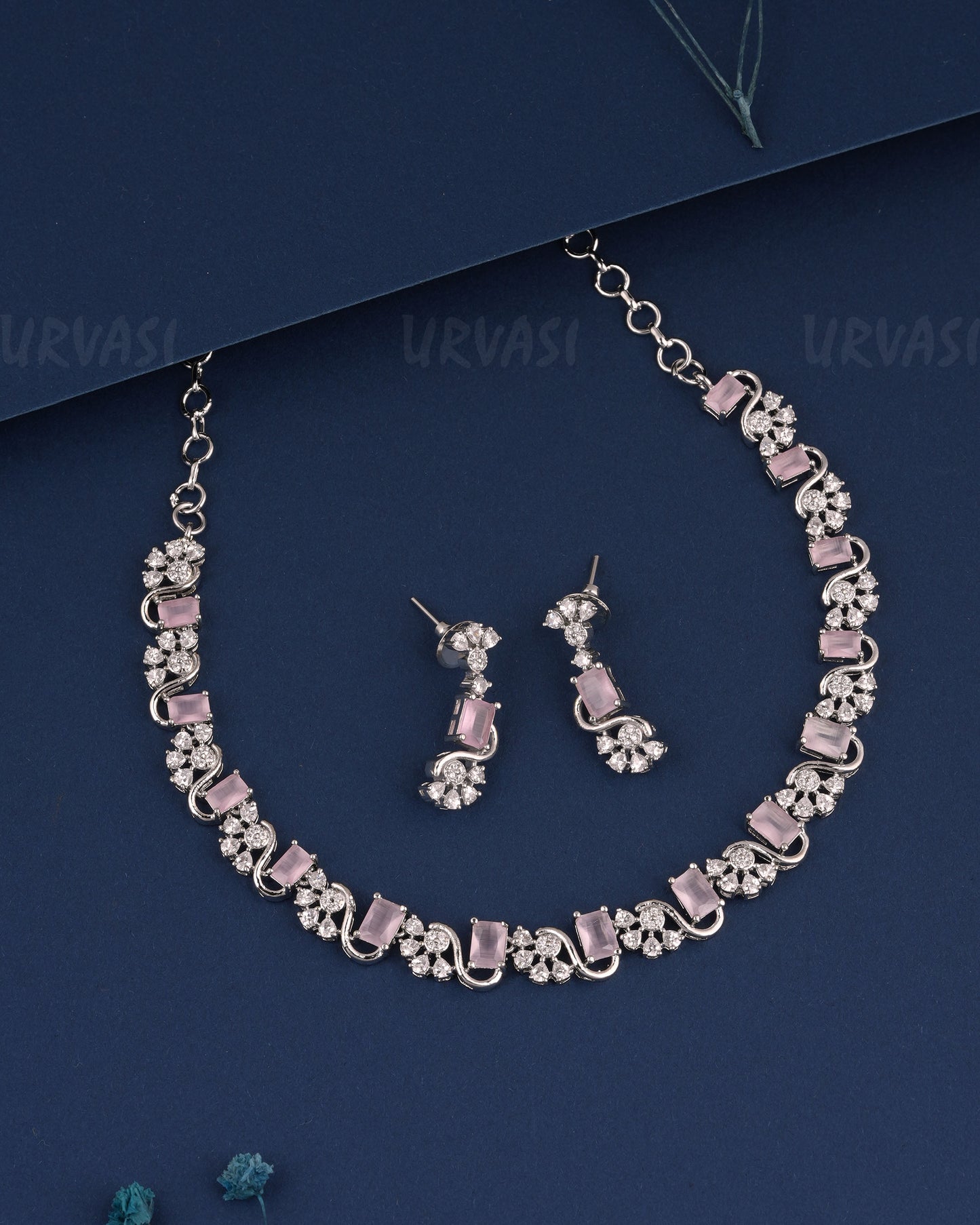 Rhodium Polish Floral AD Stone-Studded Necklace 1522