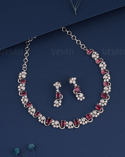 Rhodium Polish Floral AD Stone-Studded Necklace 1522