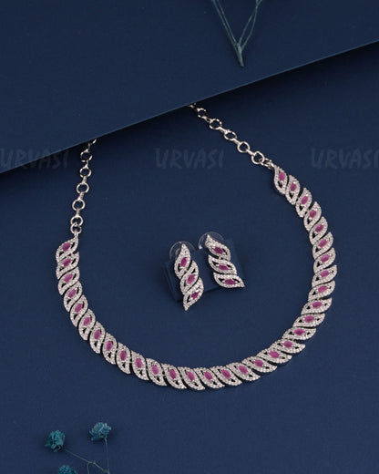 Rhodium Polish Leaf-Designed AD Necklace 1527