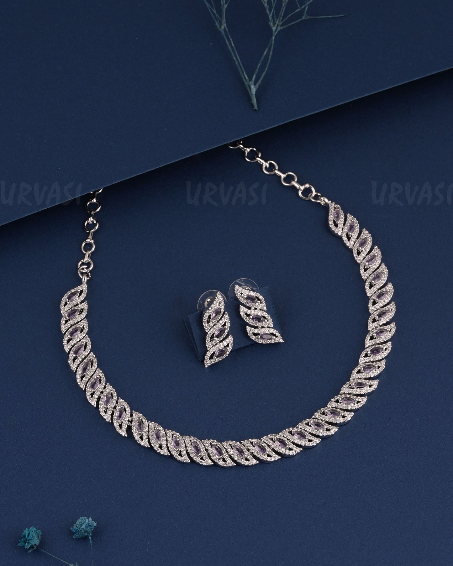 Rhodium Polish Leaf-Designed AD Necklace 1527
