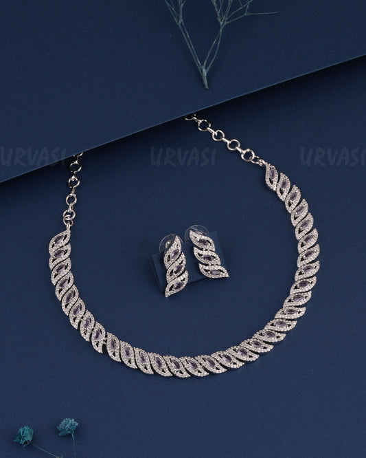Rhodium Polish Leaf-Designed AD Necklace 1527