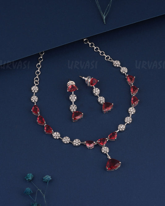 Rhodium Polish Tear-Drop Designed Floral Necklace 1528