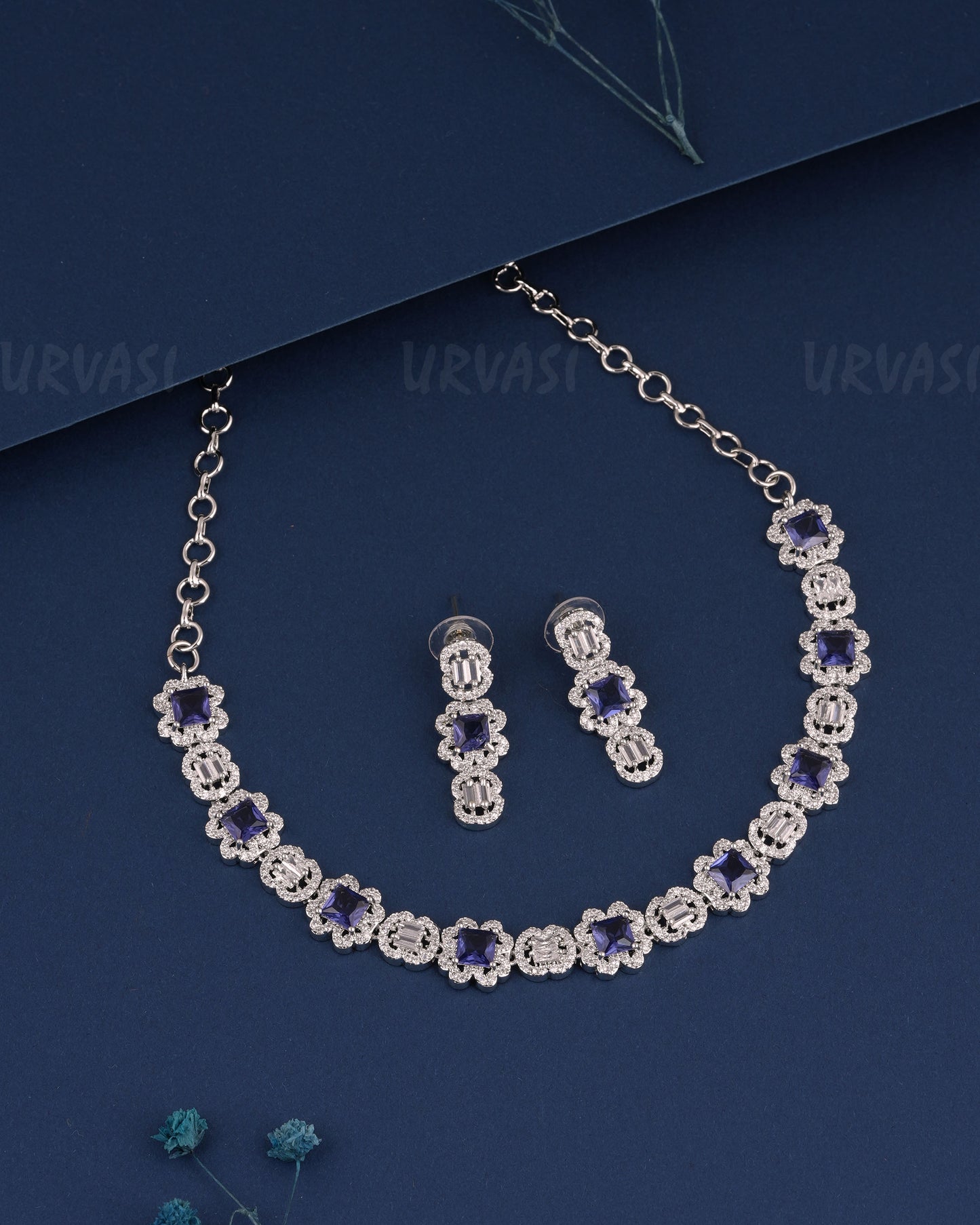 Rhodium Polish Floral Stone-Studded Necklace 1524