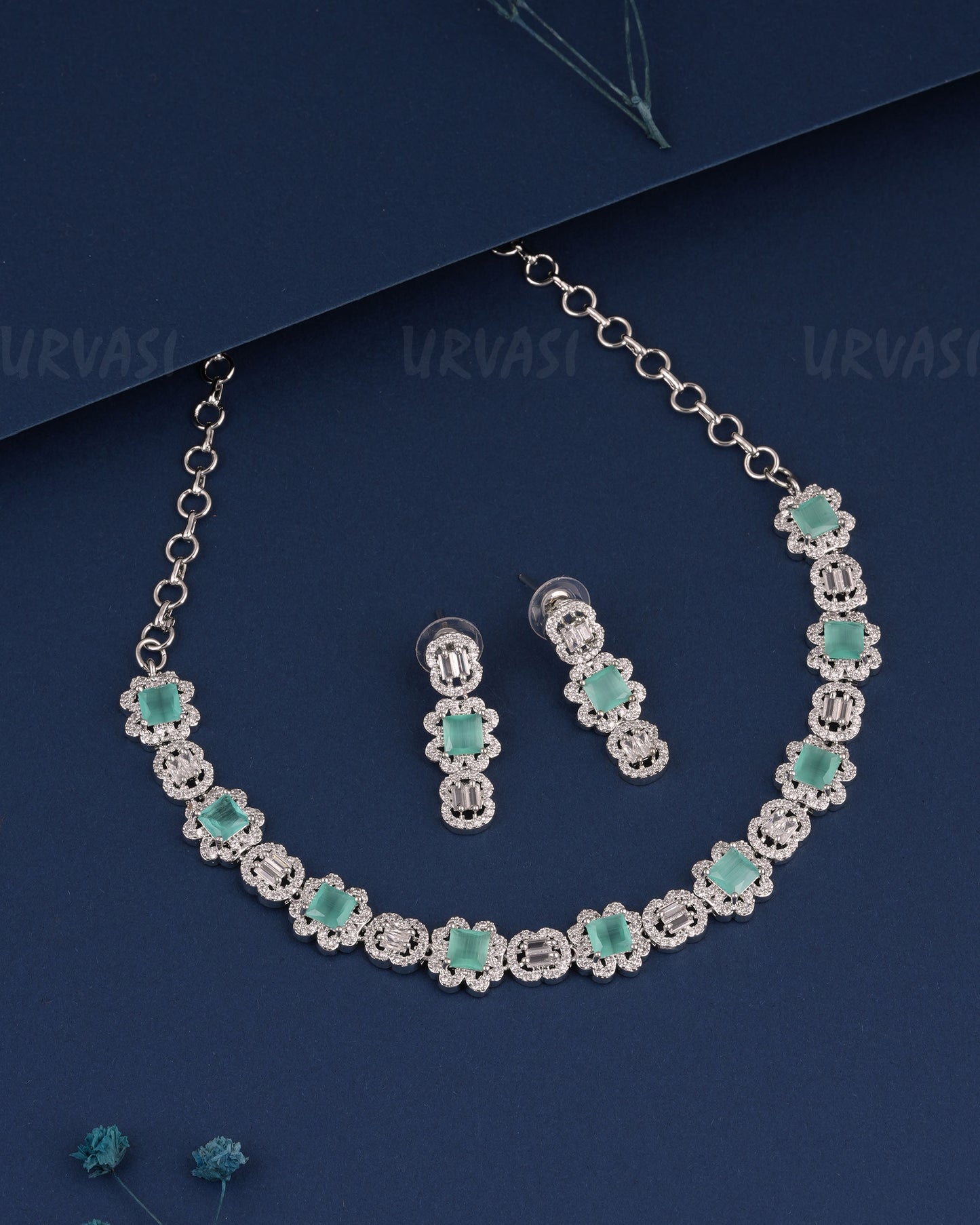 Rhodium Polish Floral Stone-Studded Necklace 1524