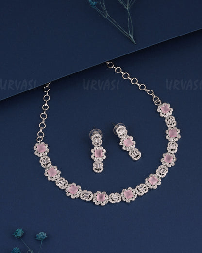 Rhodium Polish Floral Stone-Studded Necklace 1524