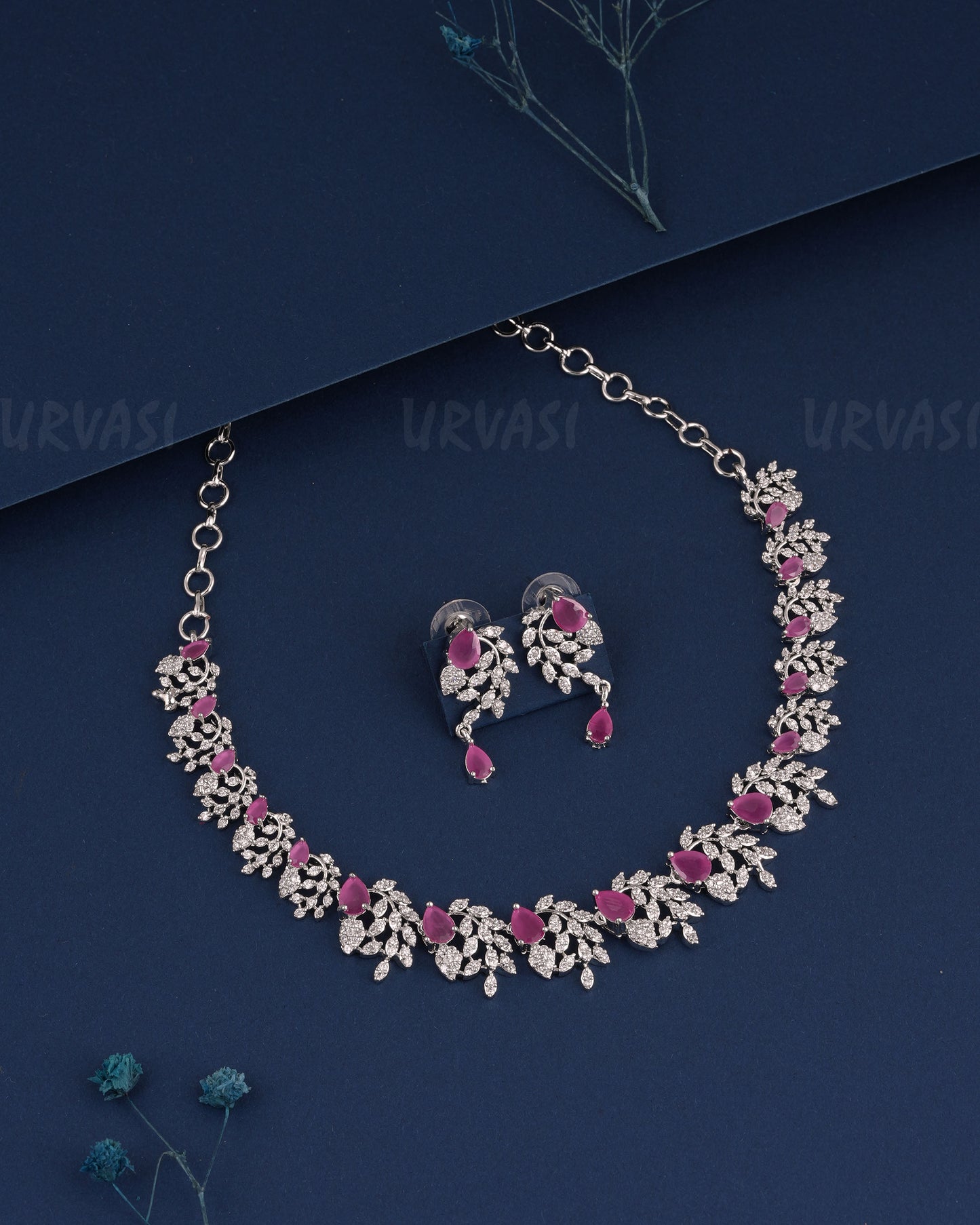 Rhodium Polish Tear-Drop Designed Floral AD Necklace 1523