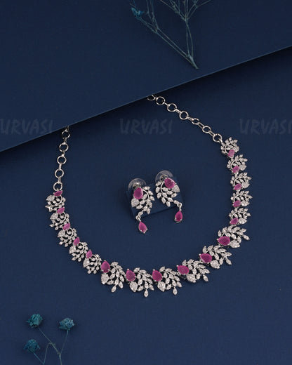 Rhodium Polish Tear-Drop Designed Floral AD Necklace 1523